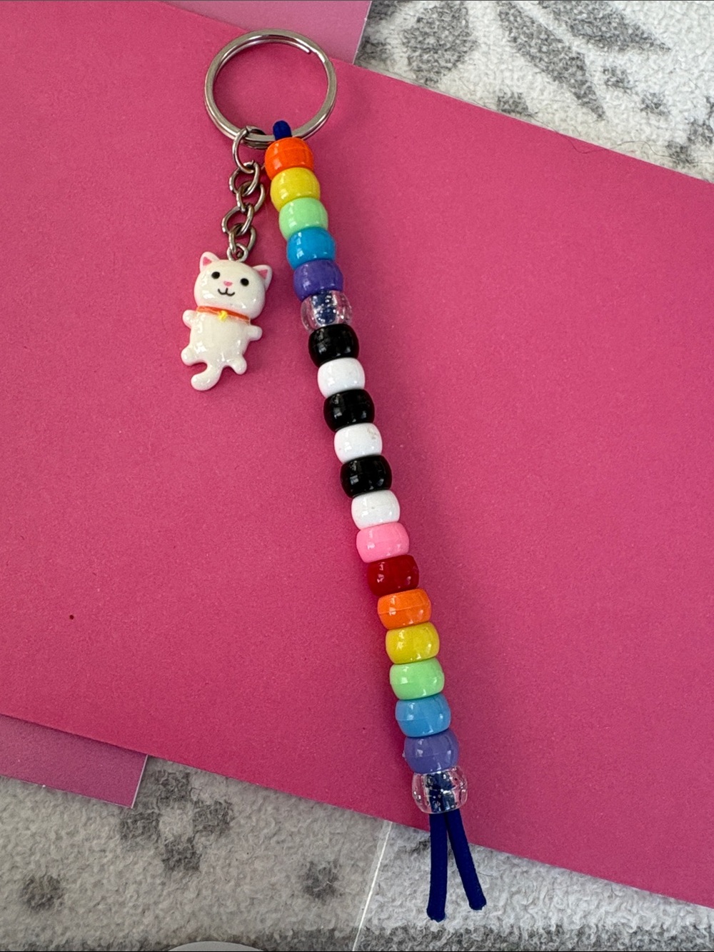 Cute Rainbow Bead Keychain with White Cat Charm -